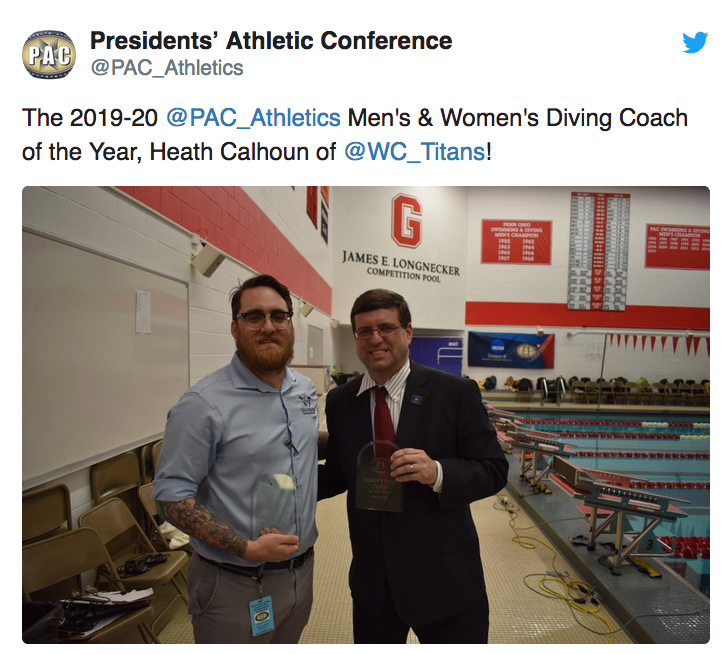 The 2019-20 @PAC_Athletics Men's & Women's Diving Coach of the Year, Heath Calhoun of @WC_Titans!
